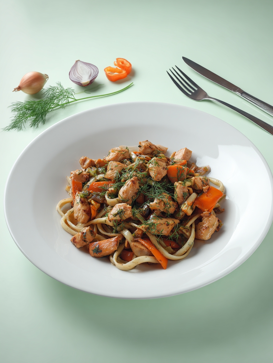 Лапша Удон с курицей и овощами