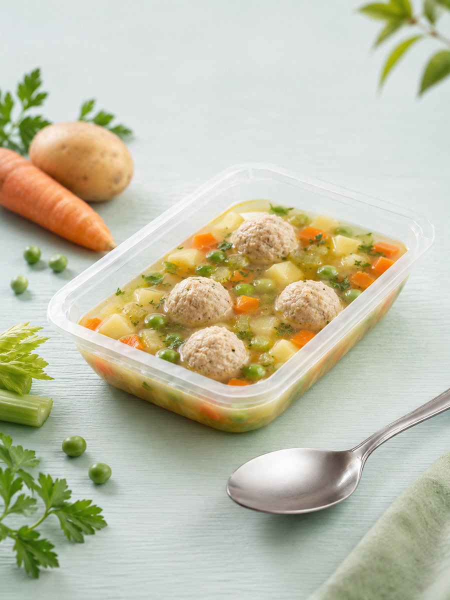 Сливочный суп с куриными фрикадельками и овощами, готовый суп для здорового меню